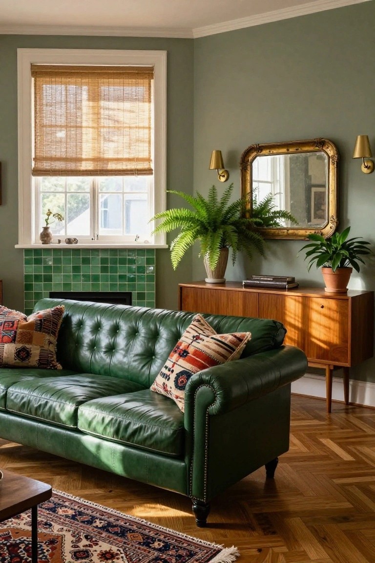 Living room with green tufted leather sofa facing green tiled fireplace, wooden credenza topped with plants and books, gold mirror, bamboo shades on window, and parquet wood floor.