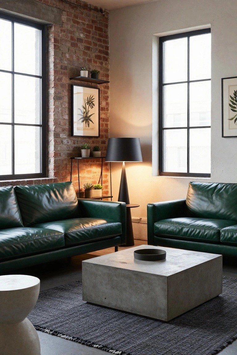 Corner view of an industrial-style living room with two deep green leather sofas facing a square concrete coffee table, exposed brick walls, potted plants on metal shelves, a black floor lamp, and large windows.