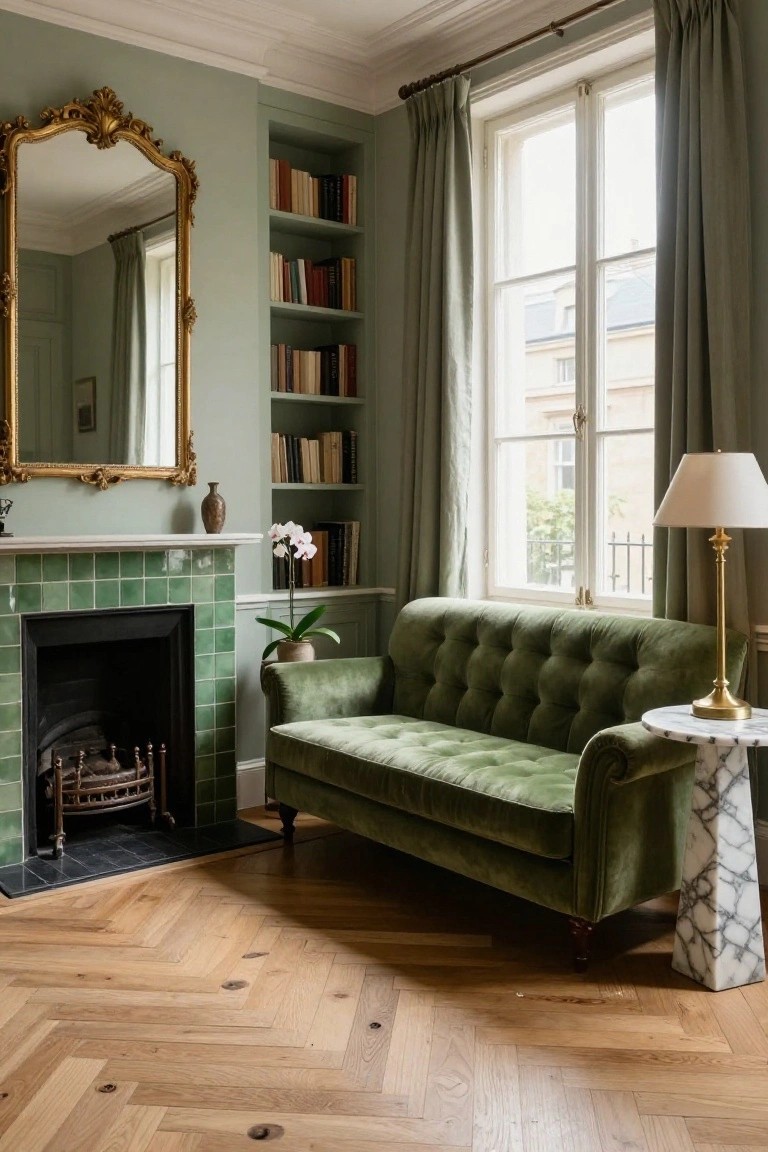 A living room with sage green walls, a tufted green velvet sofa near a green tiled fireplace, gold mirror, built-in bookshelves, green curtains on a window, and herringbone oak floors.