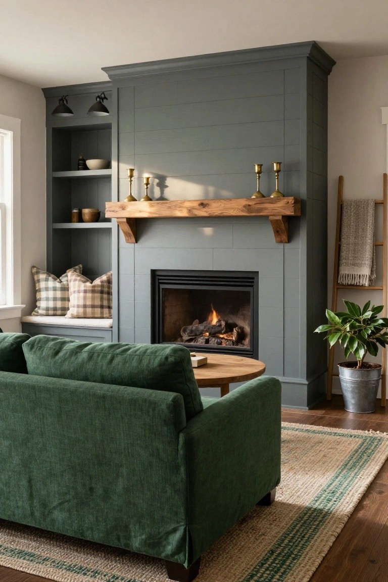 Living room interior with dark green upholstered sofa facing a gray shiplap fireplace surround with built-in shelves, wood mantel, candles, potted plant, ladder blanket rack, and round wood coffee table on wood floor with green-trimmed rug.