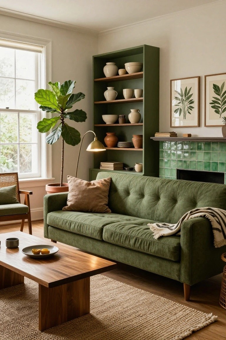 Living room with green tufted velvet sofa, matching green wooden bookshelves stocked with white ceramics and vases, green tiled fireplace, large potted fiddle leaf fig plant, wooden coffee table, rattan armchair, and seagrass rug on wood floors.