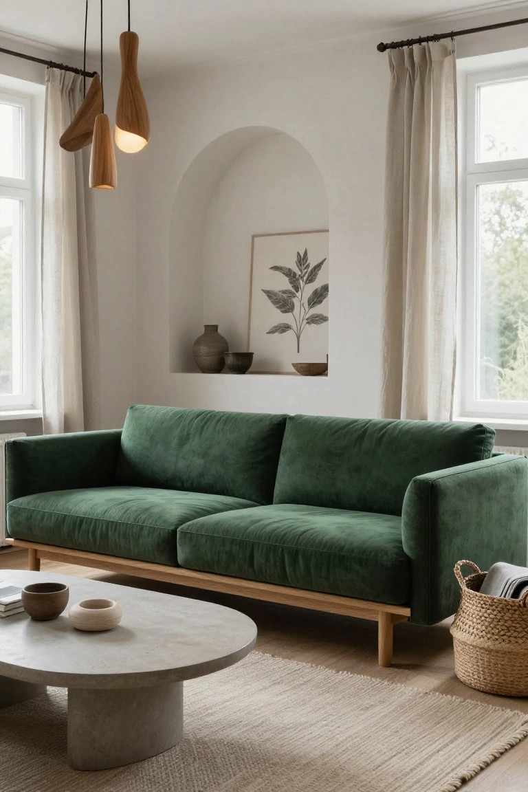 Living room with plush green velvet three-seater sofa on wooden legs, oval concrete coffee table with ceramic bowls, three wooden pendant lights, arched wall niche holding vase and framed leaf print, linen curtains on large windows, and beige seagrass rug.