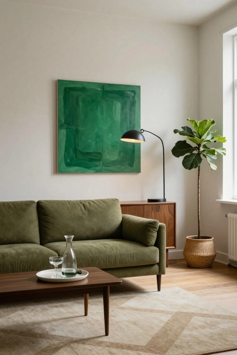 Modern living room corner with green velvet sofa, large abstract green painting above wooden credenza, black arc lamp, fiddle leaf fig in woven basket, wooden coffee table holding glass decanter and wine glass on plate, and light beige rug on wood floor.