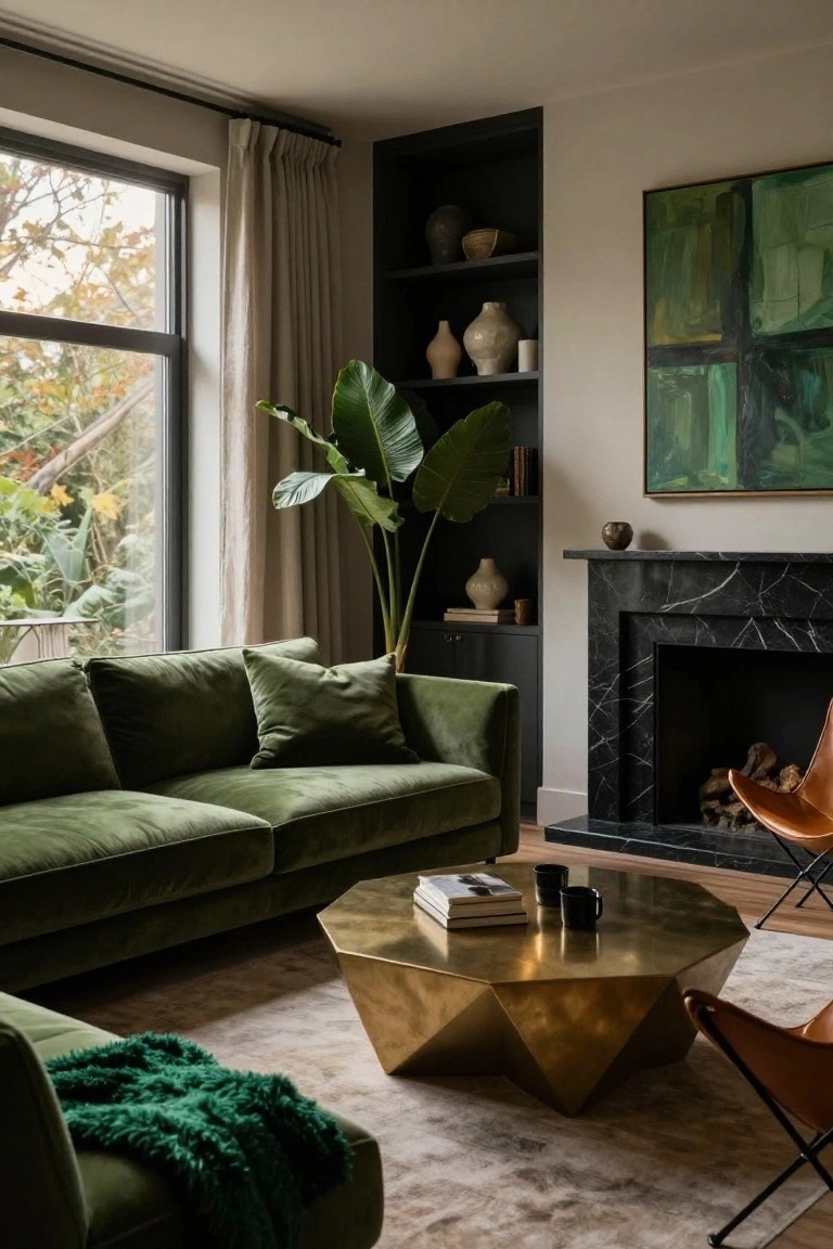 Living room interior with L-shaped emerald green velvet sofa, faceted brass coffee table, black marble fireplace, large potted banana plant, orange leather Eames chair, abstract green painting, and window view of garden.