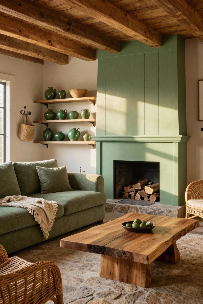 Living room interior with sage green painted paneled fireplace surround stacked with firewood, wooden shelves holding green ceramic pots and a basket, green sofa with pillows and throw, live edge wood coffee table topped with bowl of green apples, wicker chairs, exposed wood beam ceiling, and stone tile floor.