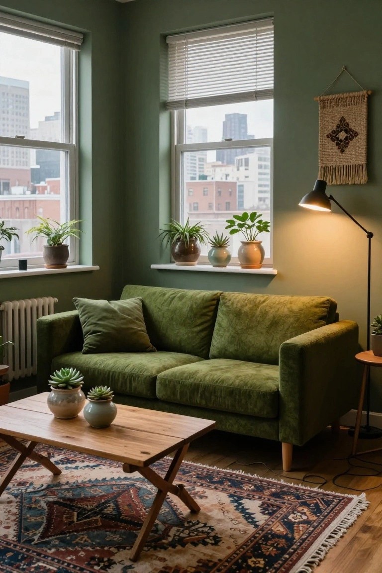 A living room with sage green walls, green velvet sofa, wooden trestle coffee table, potted plants on windowsills and side table, colorful patterned rug, and city skyline visible through two large windows with blinds.