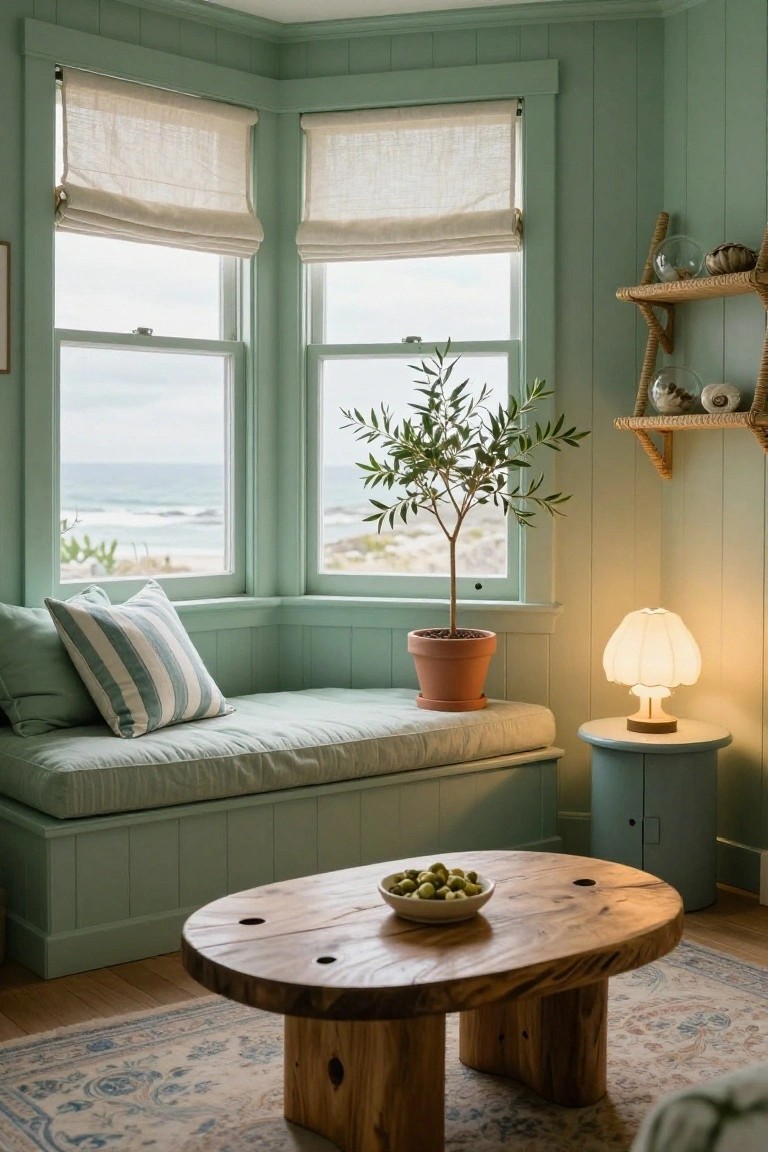 Sage green shiplap paneled walls in a bay window corner of a living room with cushioned bench seat, potted olive tree, fabric lamp on side table, oval wooden coffee table holding bowl of green olives, linen roman shades, and ocean view outside.