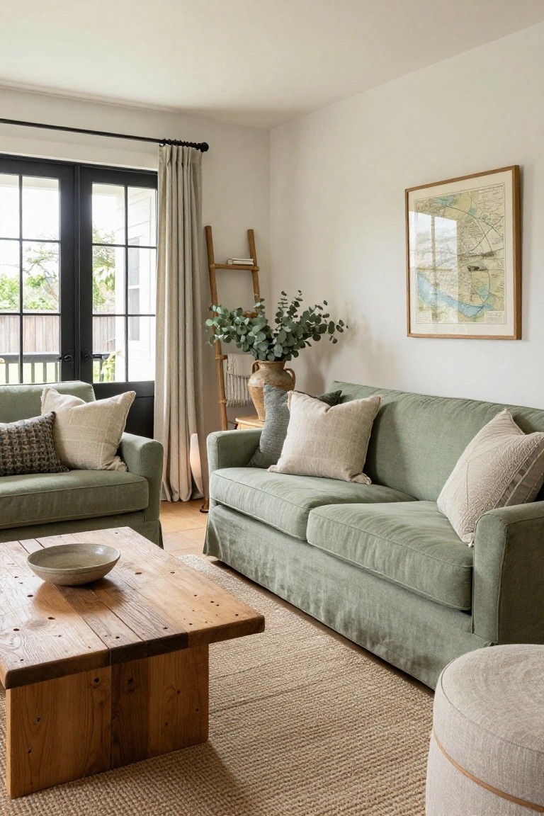 A living room with two sage green fabric sofas facing each other around a rustic wooden coffee table holding a ceramic bowl, neutral and textured pillows, eucalyptus branches in a terracotta pot, a seagrass rug, ladder shelf, and black-framed doors with linen curtains opening to greenery outside.