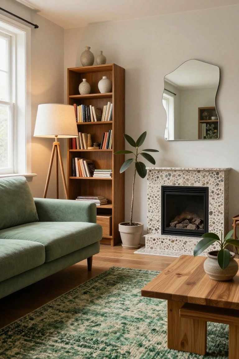 Living room with sage green fabric sofa facing speckled tile gas fireplace, tall wooden bookshelf with books and ceramics, tripod floor lamp, irregular wall mirror, potted plants, wooden coffee table on green rug, neutral walls, and wood floor.