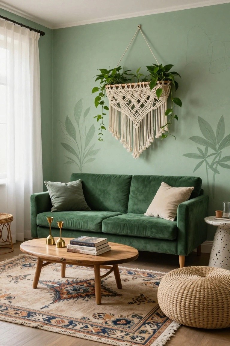 Mint green living room with large leaf silhouettes painted on the walls, green velvet sofa, wooden coffee table with books and candles, macrame hanging plant basket, side table, pouf, and patterned rug on wood floor.