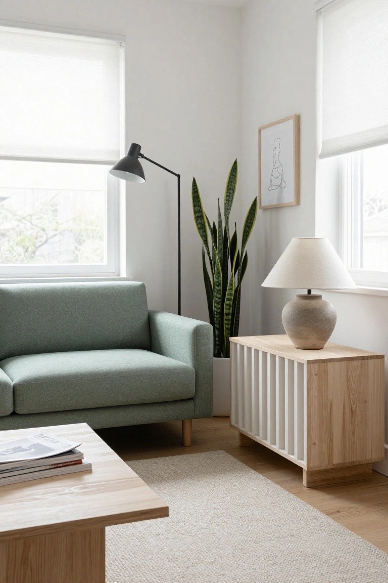 A bright living room corner with a green fabric sofa, wooden coffee table stacked with magazines, wooden sideboard topped with a ceramic lamp, tall potted snake plant, black desk lamp, and large windows covered by white blinds.