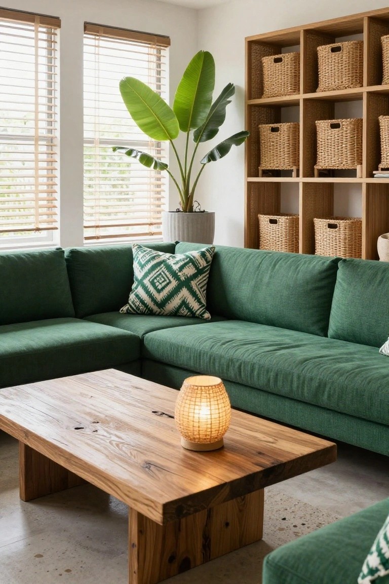 A living room with a green L-shaped sectional sofa, wooden coffee table holding a rattan lamp, large potted banana plant, wooden shelving unit with woven baskets, and light filtering through wooden blinds.