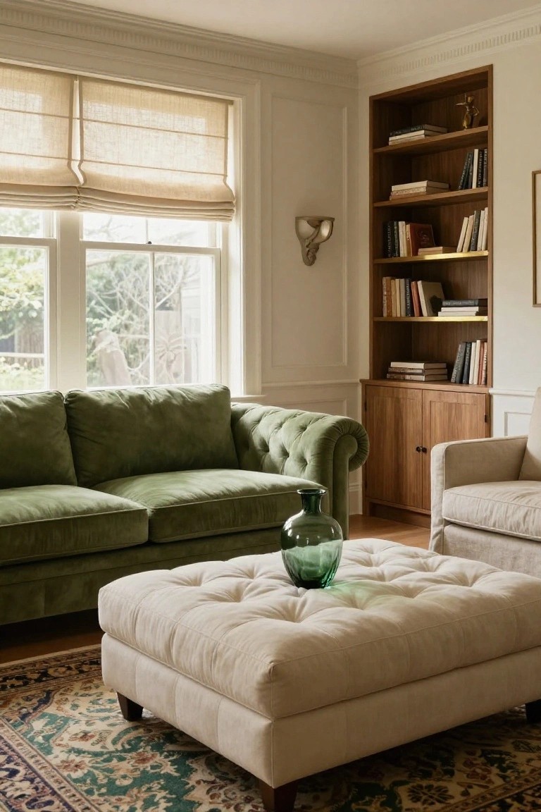 Living room corner with emerald green velvet tufted Chesterfield sofa, cream tufted ottoman holding green glass vase, wooden built-in bookshelves with books, cream armchair, Persian-style rug, and double windows with beige roman shades.
