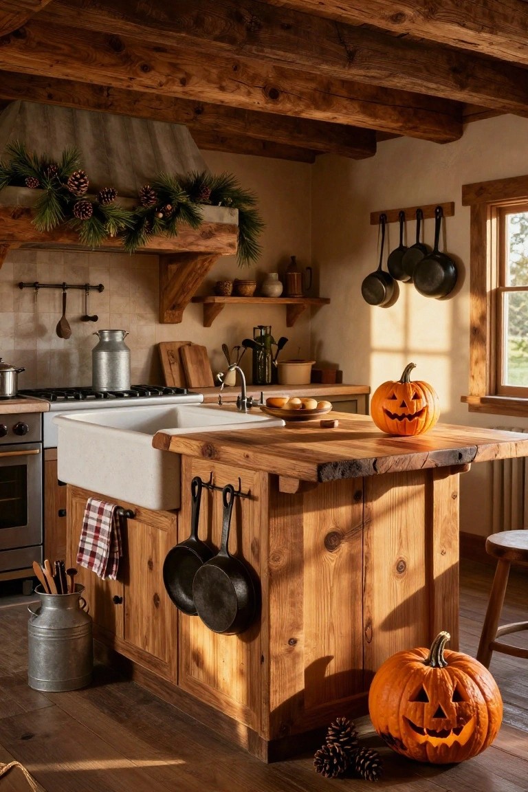 Rustic kitchen with wooden beams, farmhouse sink, hanging cast iron pots, wooden island topped with carved jack-o'-lantern pumpkin and pinecones, and additional pumpkins nearby.