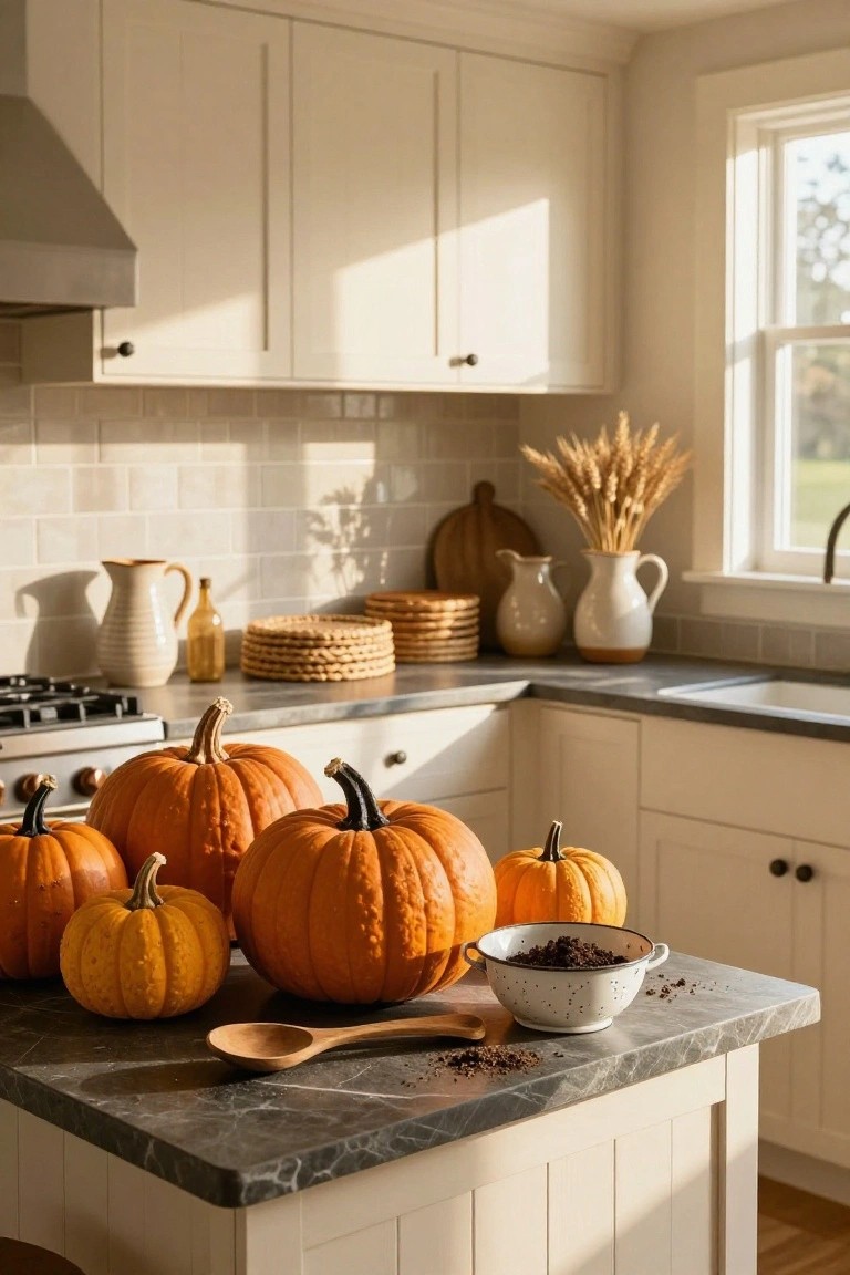 Kitchen island countertop with multiple orange pumpkins of varying sizes clustered together, a white colander bowl filled with dark soil, wooden spoon nearby, white cabinets, subway tile backsplash, wheat sheaves and pottery in background with window light.
