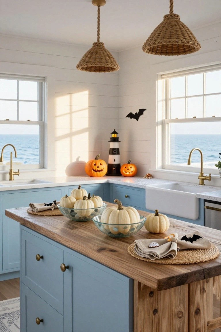 Blue shaker-style kitchen cabinets and wooden island with white pumpkins in a glass bowl, orange carved pumpkin and black lighthouse model on counter, bat napkins and window decal, ocean view through large windows.
