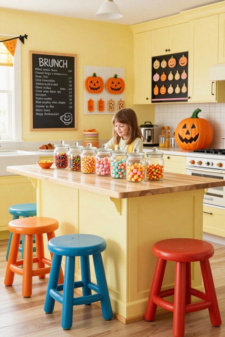 A young girl stands at a wooden kitchen island lined with glass jars filled with colorful Halloween candies like candy corn and jelly beans, in a yellow kitchen decorated with pumpkins and orange stools.
