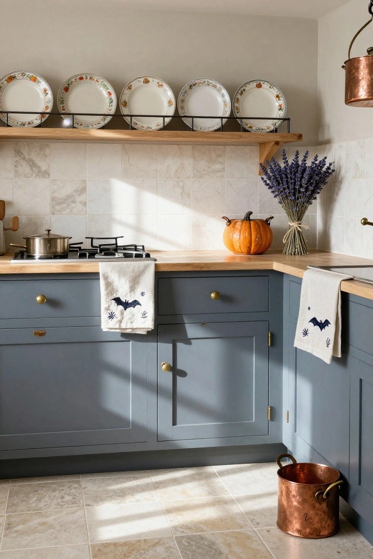 Corner of a light-filled kitchen with blue cabinets, oak countertops, stainless steel cooktop with a pot, bat-embroidered white tea towels draped on drawer handles, a pumpkin on the counter, lavender bouquet, and plates on oak shelves above marble-look backsplash.