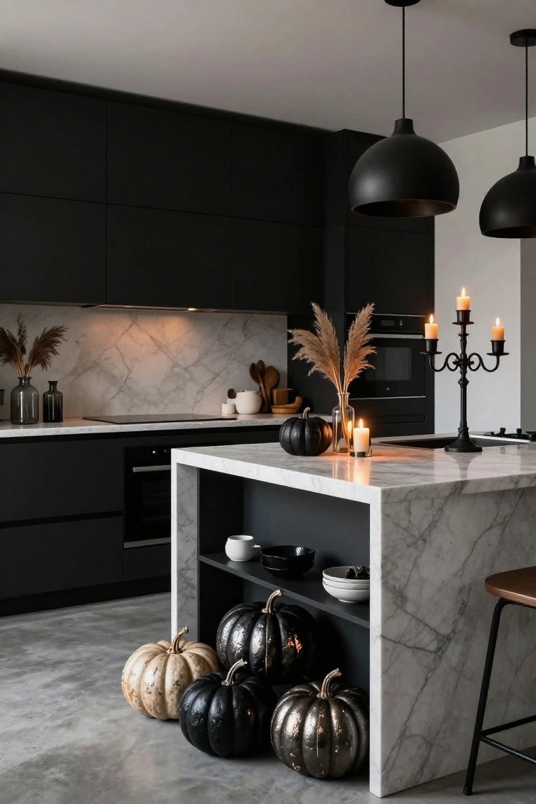 Modern black kitchen with white marble island, clusters of black and metallic pumpkins on the floor, pampas grass and candles on counters and backsplash, black pendant lights overhead.