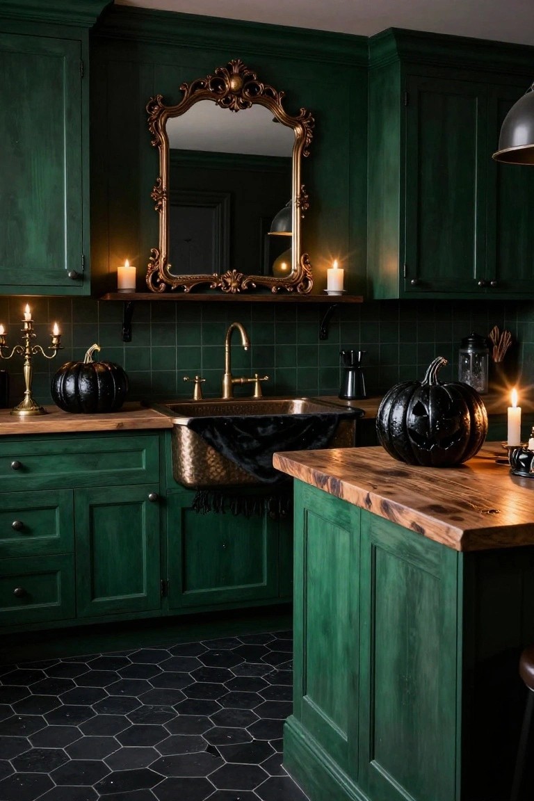 Dark green kitchen with black jack-o'-lanterns, ornate gold mirror, and candlelight.