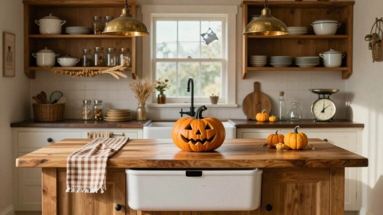 24 Halloween Kitchen Decor Ideas That Stir Up the Season Cozy kitchen with wooden counter holding a carved orange jack-o-lantern pumpkin, small pumpkins, jars, nuts, wheat sheaf, and checkered towel over white farmhouse sink, black faucet, green cabinets, wooden shelves with enamelware pots, brass pendant light, and window.