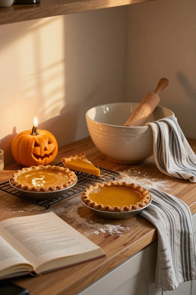 Kitchen countertop displaying two pumpkin pies cooling on wire racks, a lit jack-o-lantern pumpkin, open cookbook, white mixing bowl with wooden rolling pin draped in a striped towel, scattered flour, and warm sunlight filtering in.