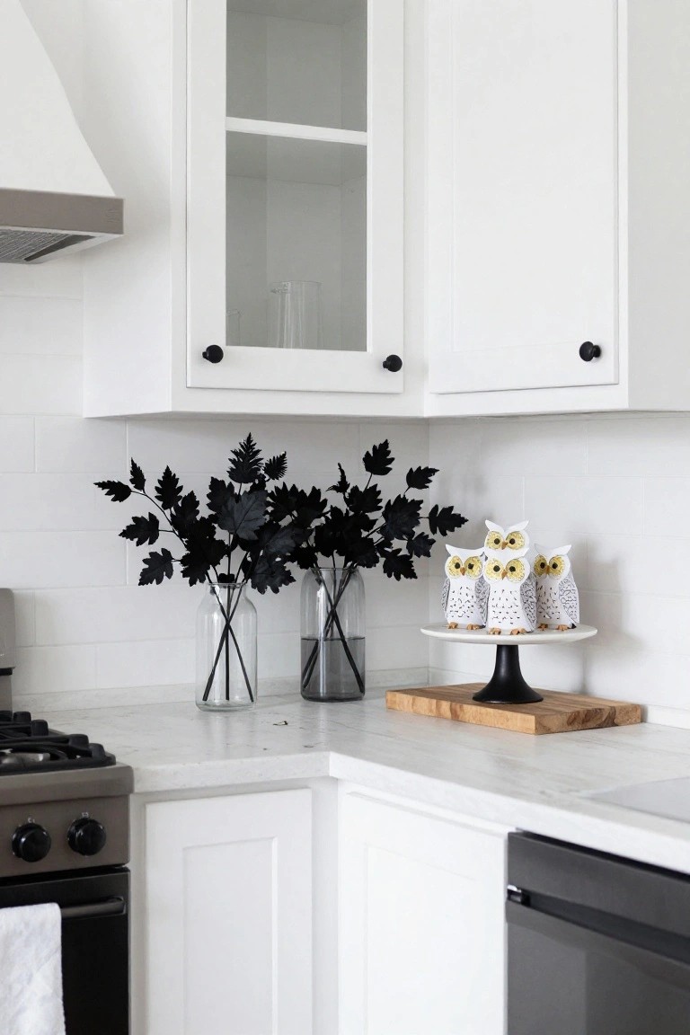 White kitchen counter holding glass vases of black leaf branches and white owl figures on a black stand, beside a gas stove and white cabinets.