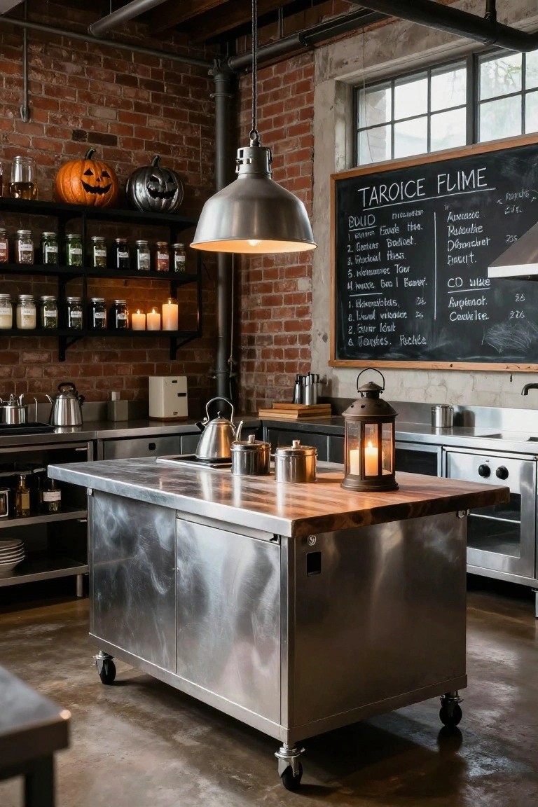 Industrial-style kitchen with exposed brick walls, stainless steel island on wheels, open black shelves stocked with glass jars and two carved jack-o-lantern pumpkins, hanging pendant light, chalkboard menu on wall listing drinks, kettles and lanterns on counters.