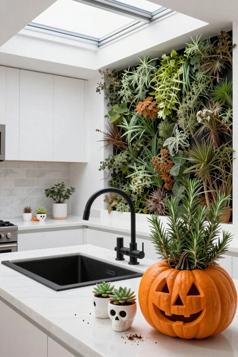 Modern white kitchen with green plant wall, black sink and faucet, small white skull pots with succulents on counter, and large carved orange pumpkin planted with rosemary sprigs next to the sink.