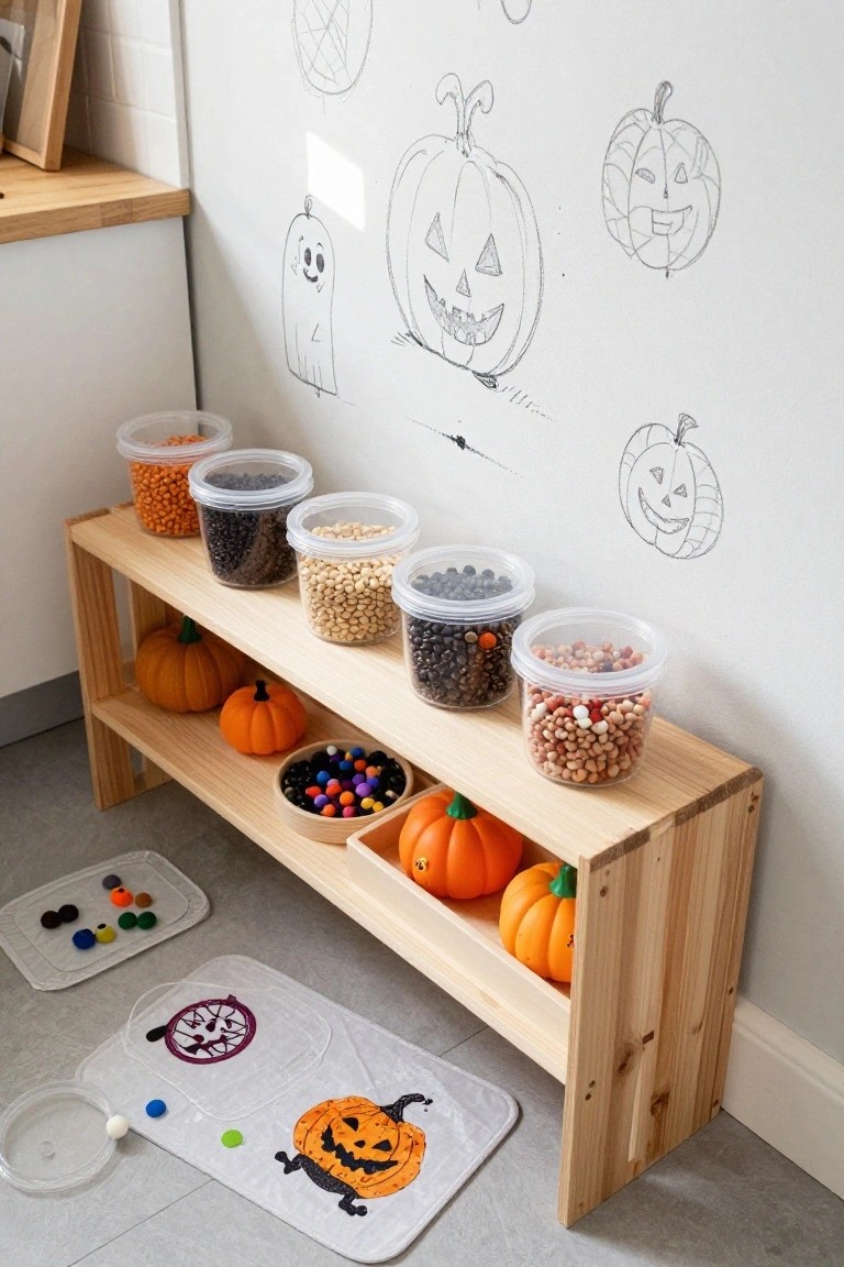 Wooden shelf in kitchen corner holding clear plastic containers of orange kernels, black beans, white beans, brown lentils, mixed beans, and small pumpkins, with bowls of colorful beads on mats below and Halloween drawings on tiled wall.