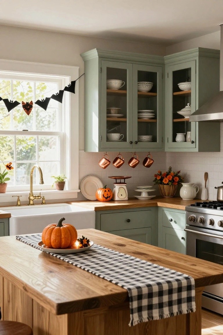 Sage green kitchen with glass-front cabinets, white farmhouse sink, wooden center island covered in black-and-white checkered runner holding a pumpkin on a plate, bat garland over window, hanging copper pots, and scattered Halloween pumpkins and flowers.