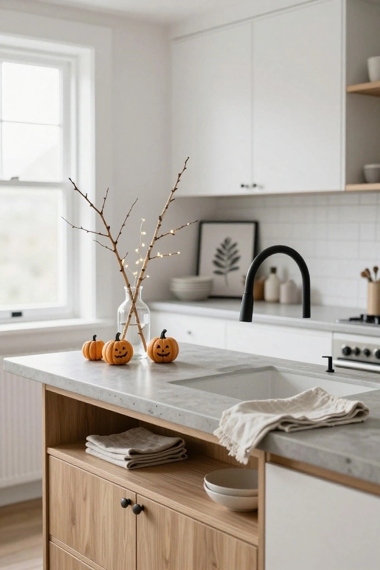 Modern white kitchen island with gray quartz countertop holding small carved orange pumpkins clustered around a glass vase of branches with fairy lights, near a black gooseneck faucet and sink.