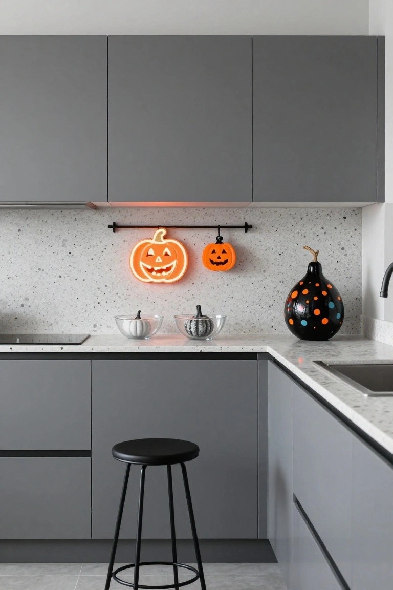 Gray kitchen with matte cabinets, white terrazzo counters and backsplash, orange neon pumpkin sign hanging from a bar, smaller hanging orange pumpkin, glass bowls with white and striped pumpkins, black-spotted gourd vase, and black metal stool by the island.