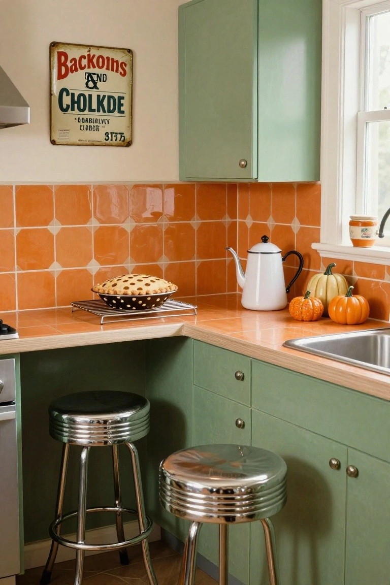 Kitchen counter with glossy orange diamond-patterned tiles displaying a pie in a black polka-dot bowl on a metal rack, white teapot, small pumpkins, green cabinets above a sink, and two chrome stools below.