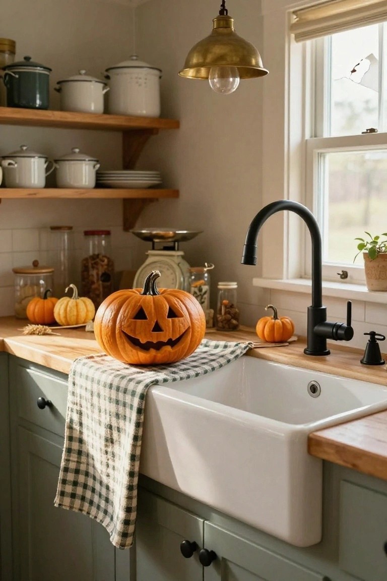Cozy kitchen with wooden counter holding a carved orange jack-o-lantern pumpkin, small pumpkins, jars, nuts, wheat sheaf, and checkered towel over white farmhouse sink, black faucet, green cabinets, wooden shelves with enamelware pots, brass pendant light, and window.
