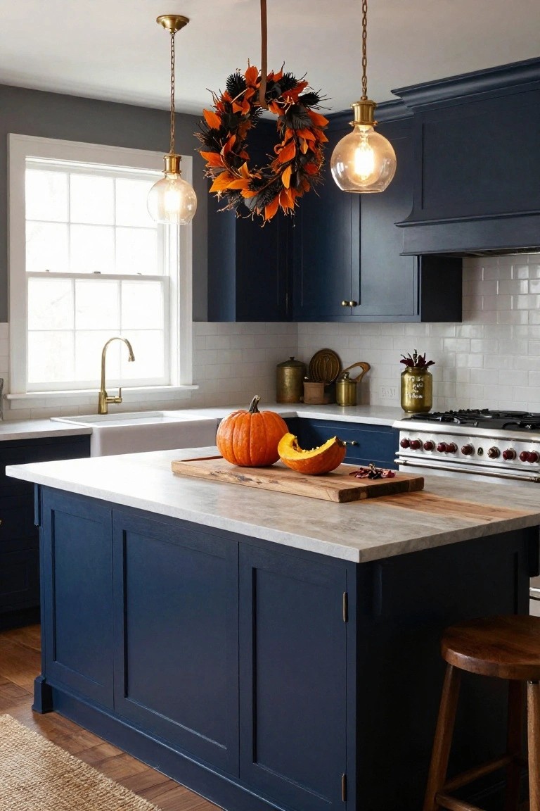 Navy blue kitchen island with white marble top holding a halved orange pumpkin on a wooden cutting board, flanked by navy cabinets, white subway tile backsplash, brass pendant lights with fall leaf wreaths, and a farmhouse sink nearby.