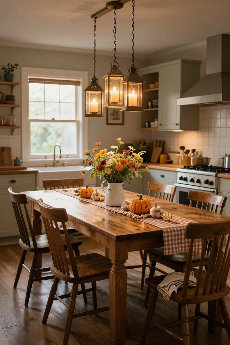 Cozy kitchen interior with sage green cabinets, white subway tile, wooden farmhouse dining table covered in a checkered runner with mini pumpkins, garlic braid, and a white jug of wildflowers, lit by hanging lanterns over the table.