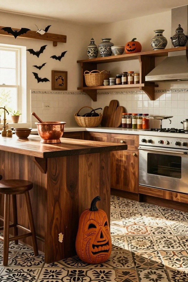 Halloween-decorated kitchen interior with wooden cabinets, island bar, stools, open shelves holding pottery and baskets, paper bats on beams, carved pumpkins, copper pots, and colorful tiled floor.
