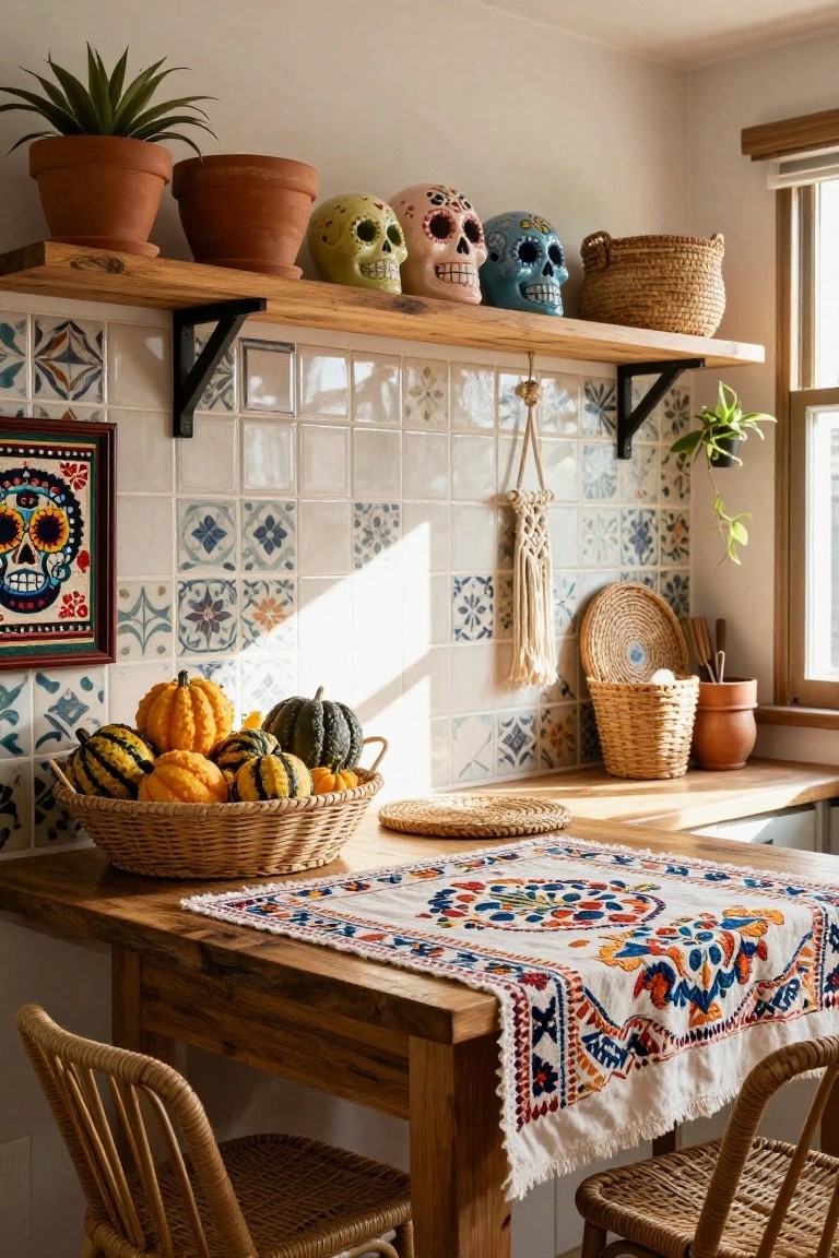 Kitchen with wooden open shelves displaying colorful sugar skull ceramics, a wicker basket of pumpkins on the wooden counter, blue and white tiled backsplash, potted plants, woven basketry, and rattan chairs.