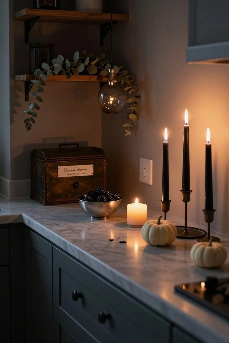 Kitchen counter with three black taper candles in brass candlesticks, two small white pumpkins, a silver bowl of blackberries, a small white pillar candle, and a vintage brass box labeled in script, lit softly with eucalyptus garland hanging nearby.