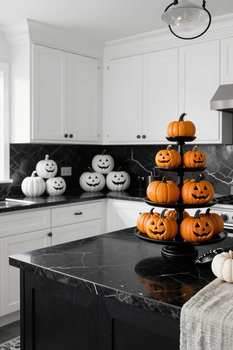 Kitchen corner with white cabinets, black marble island and backsplash, a black three-tiered stand on the island holding orange jack-o'-lantern pumpkins, white carved pumpkins on counters and backsplash.