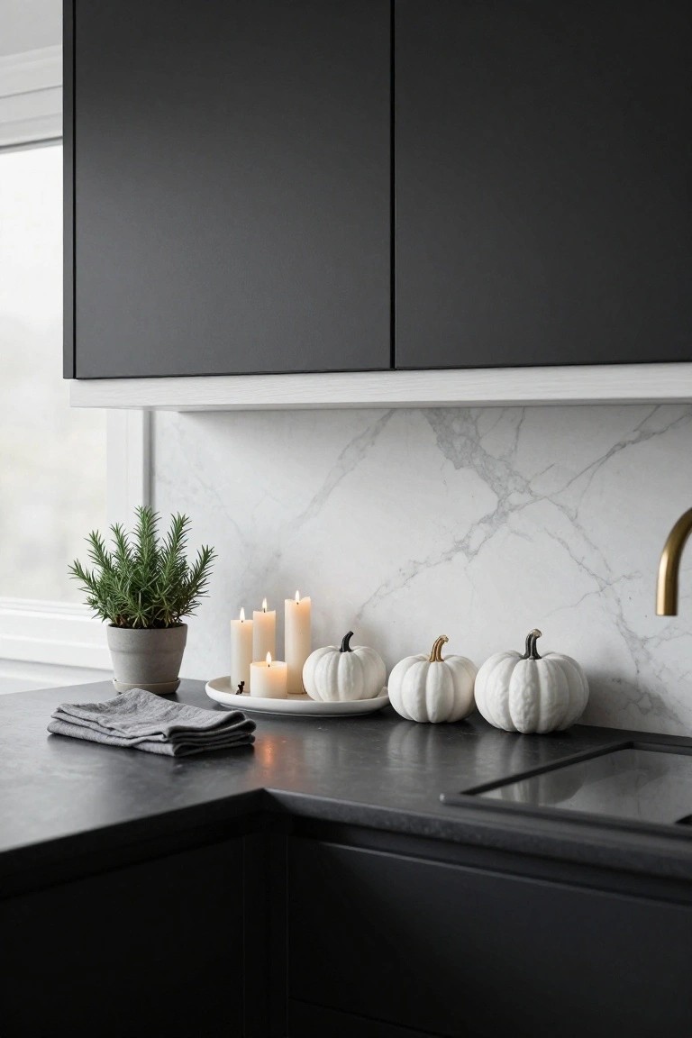Modern kitchen corner with black cabinets, black countertop, white marble backsplash, gold faucet, white pumpkins, lit white taper candles, gray linen towels, white plate, and potted rosemary plant.