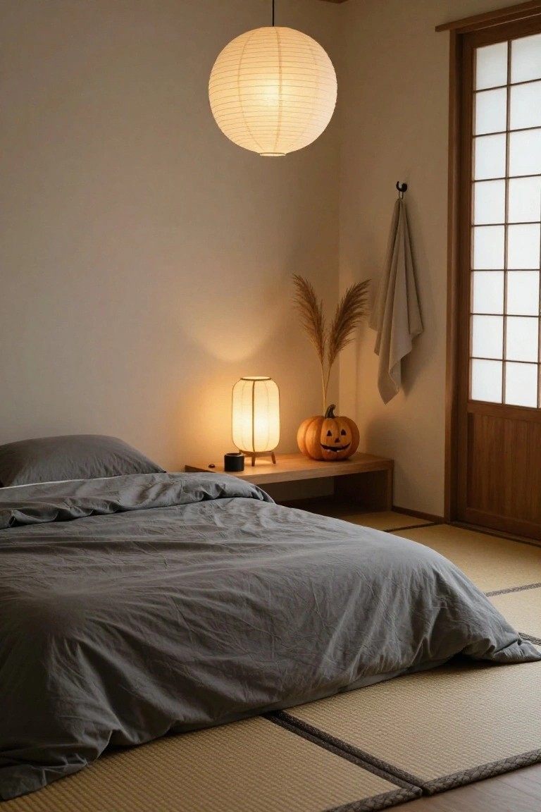 Japanese-style bedroom interior with tatami flooring, low gray bed, wooden nightstand holding lamp, black teapot, carved orange jack-o'-lantern pumpkin, pampas grass vase, hanging gray towel, shoji screen window, and paper lantern ceiling light.