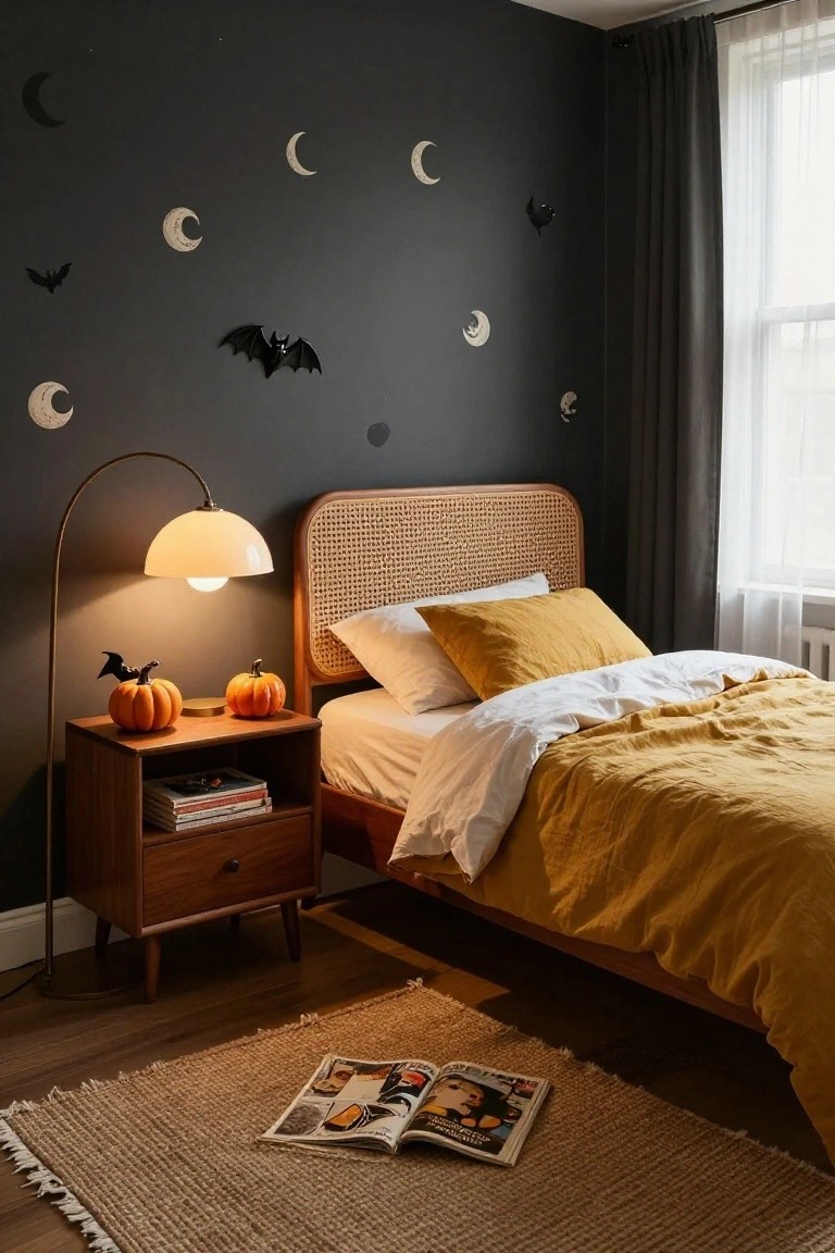 Corner of a bedroom with dark gray walls decorated with white bat and crescent moon stickers, rattan headboard bed with mustard yellow bedding and white sheets, wooden nightstand with two small pumpkins and books, brass arched floor lamp with white shade, and beige rug on wood floor.