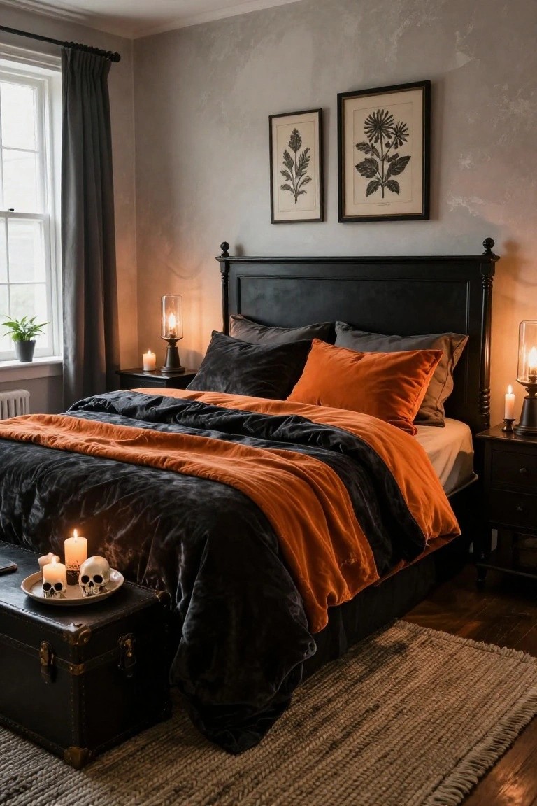 A bedroom with black wood bed frame draped in layered black and orange velvet bedding and pillows, flanked by nightstands with glass lamps and candles, a tray holding small skulls on a trunk, botanical prints on textured gray walls, and a potted plant by the window.