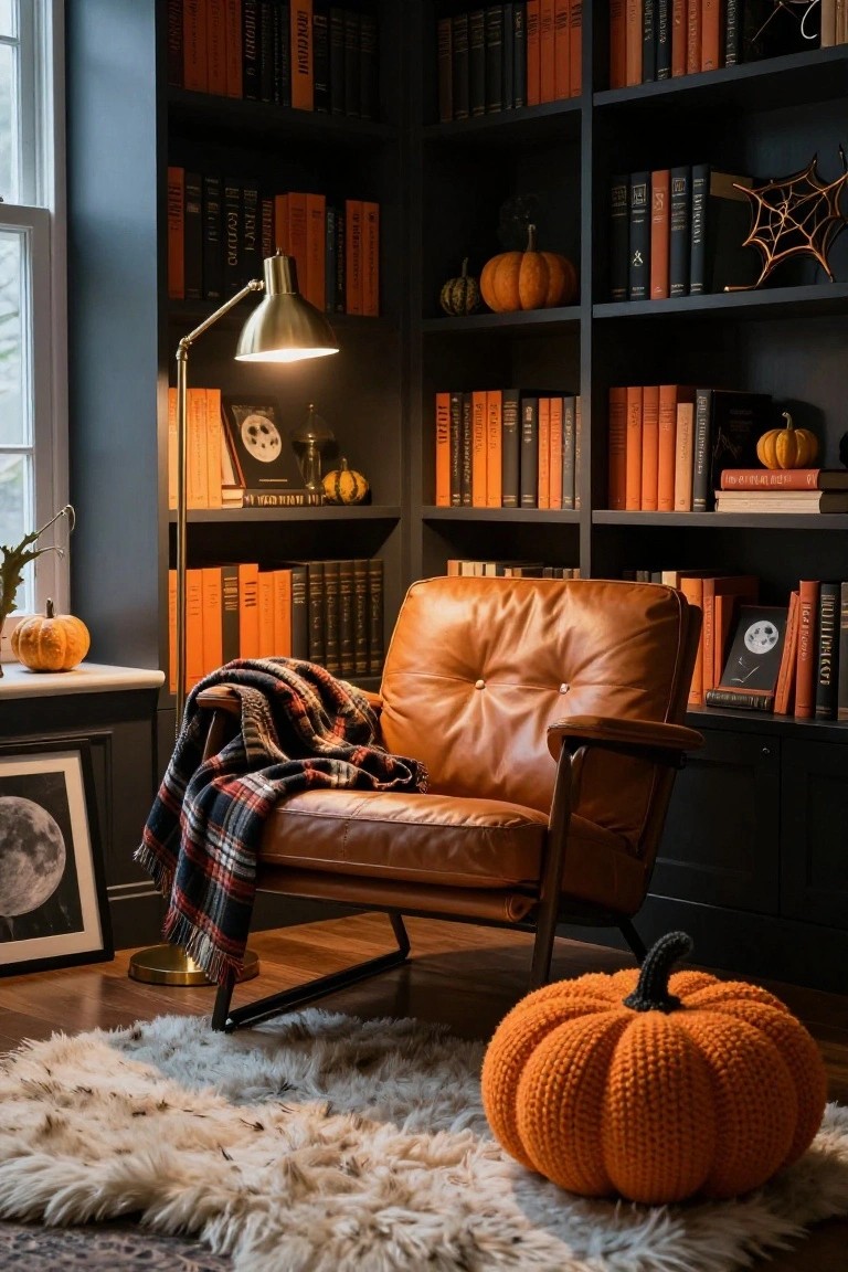 Dark-paneled library corner with tan tufted leather armchair draped in plaid blanket, surrounded by orange book spines, small pumpkins, brass lamp, and Halloween decorations on shelves and floor.