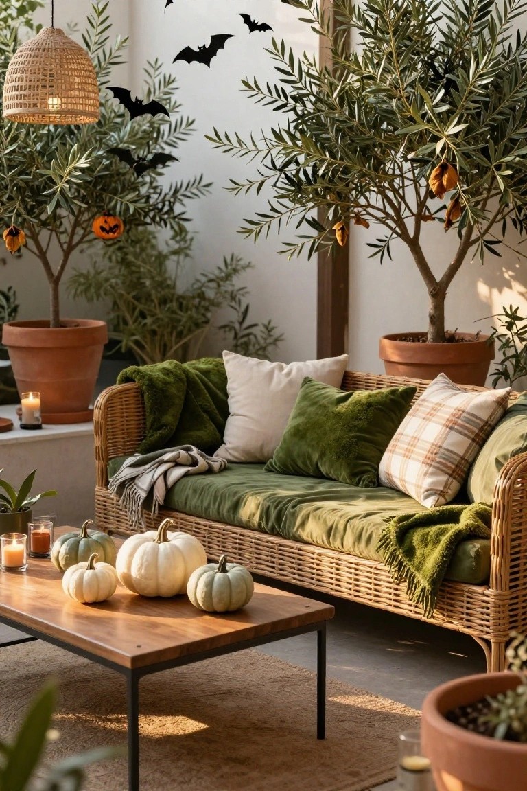 Outdoor terrace with rattan sofa covered in green velvet cushions and pillows, wooden coffee table holding white pumpkins and candles, flanked by potted olive trees with hanging orange pumpkin lanterns and black bat stickers on white wall.