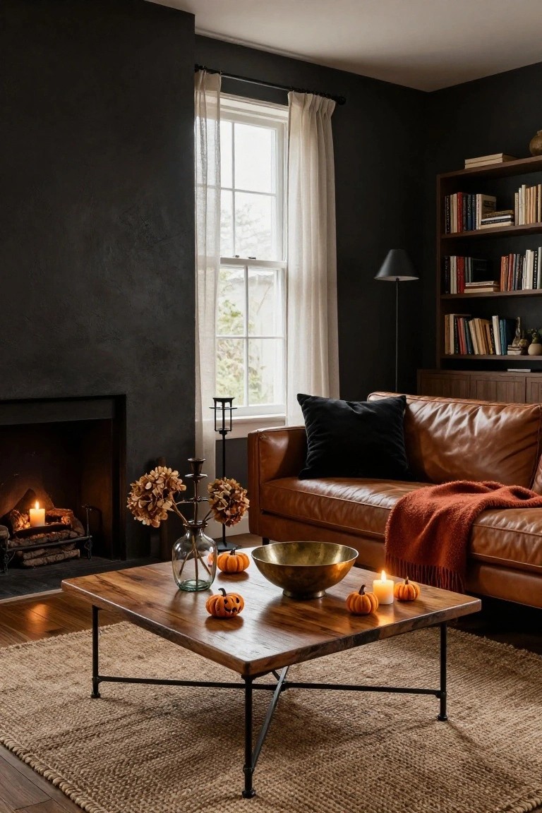 Cozy living room interior with dark textured walls, tan leather sofa draped with orange throw blanket, wooden coffee table holding brass bowl pumpkins and candles, fireplace with lit logs, bookshelves, black floor lamp, and window with sheer curtains.