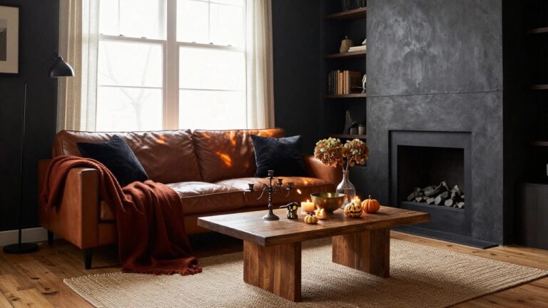 24 Halloween Room Decor Ideas That Instantly Set the Mood Cozy living room interior with dark textured walls, tan leather sofa draped with orange throw blanket, wooden coffee table holding brass bowl pumpkins and candles, fireplace with lit logs, bookshelves, black floor lamp, and window with sheer curtains.