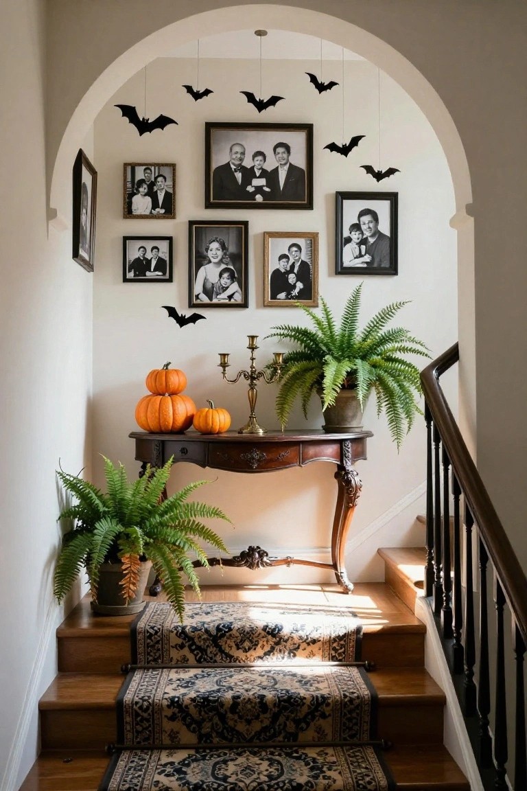 Arched interior wall with multiple black-and-white family portrait frames, hanging black paper bats from the ceiling, a wooden console table holding stacked orange pumpkins, gold candelabra, and potted green ferns, adjacent to wooden stairs with a patterned carpet runner.